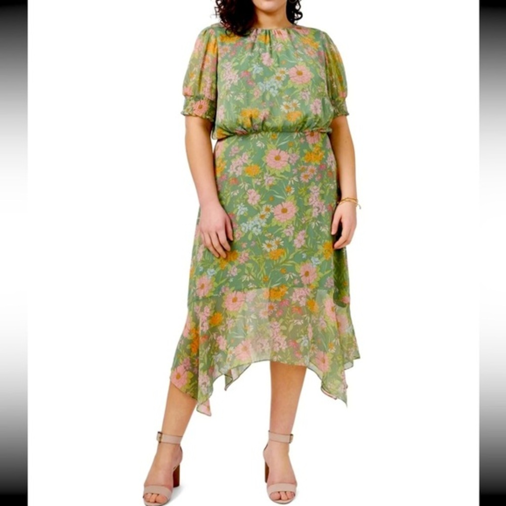 Women’s Dress Plus Size 20W VINCE CAMUTO Green Cuffs Handkerchief Hem Midi Hi Lo